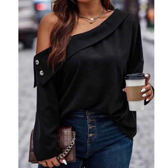 BellanBlue Tops - Plus One Shoulder Button Detail Long Sleeve Blouse